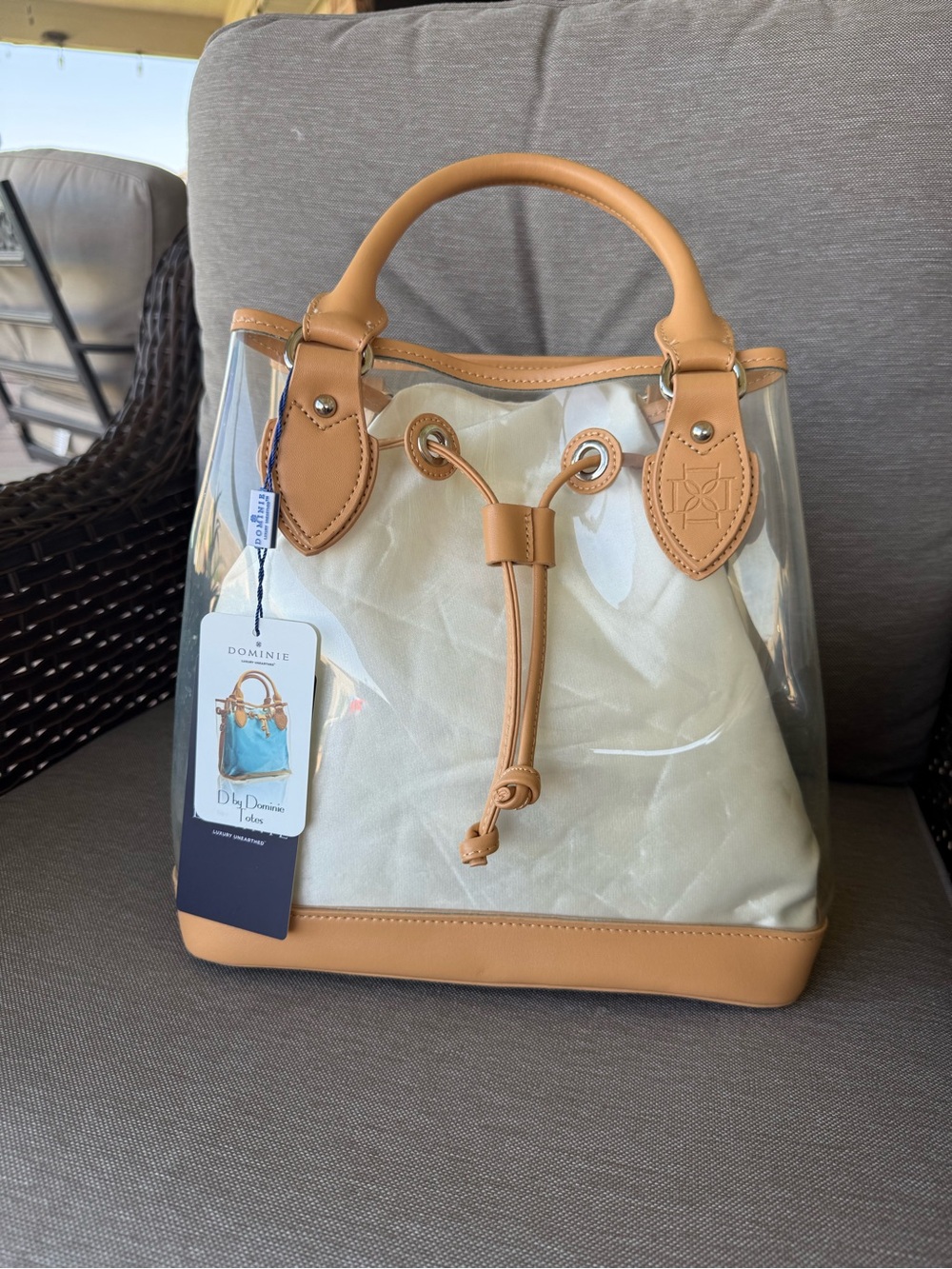 Clear Tote with Tan Leather Trim and Cream Insert